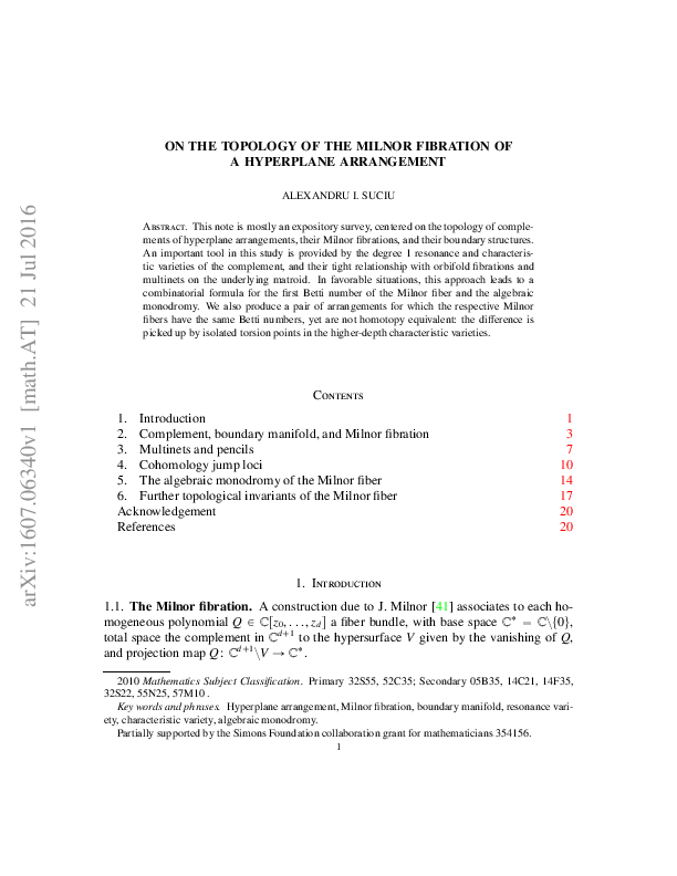 (PDF) ON THE TOPOLOGY OF THE MILNOR FIBRATION OF A HYPERPLANE