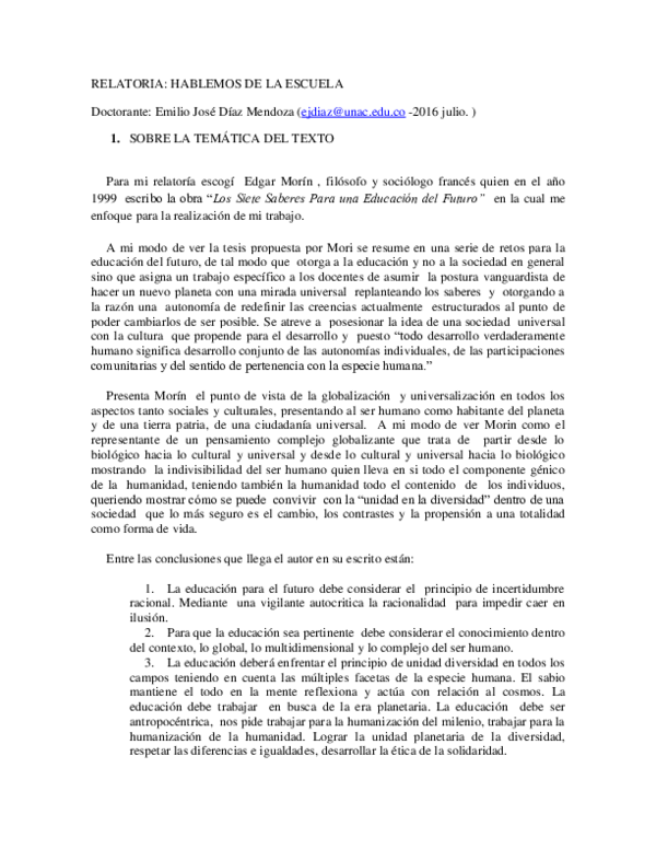 (PDF) Morin Edgar Los siete saberes necesarios a la educación del futuro. Emilio Jose Diaz (PDF) Morin Edgar Los siete saberes necesarios a la educación del futuro. Emilio Jose Diaz