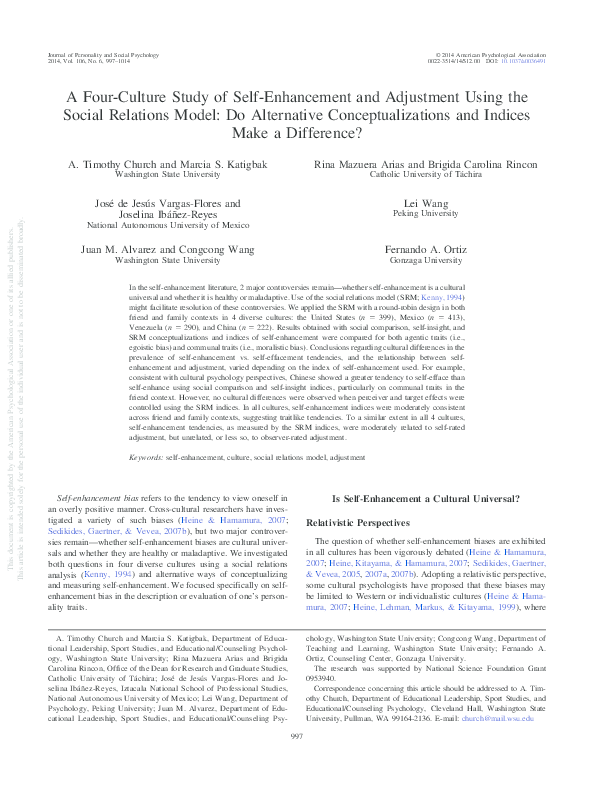 (PDF) A Four-Culture Study of Self-Enhancement and Adjustment Using the ...