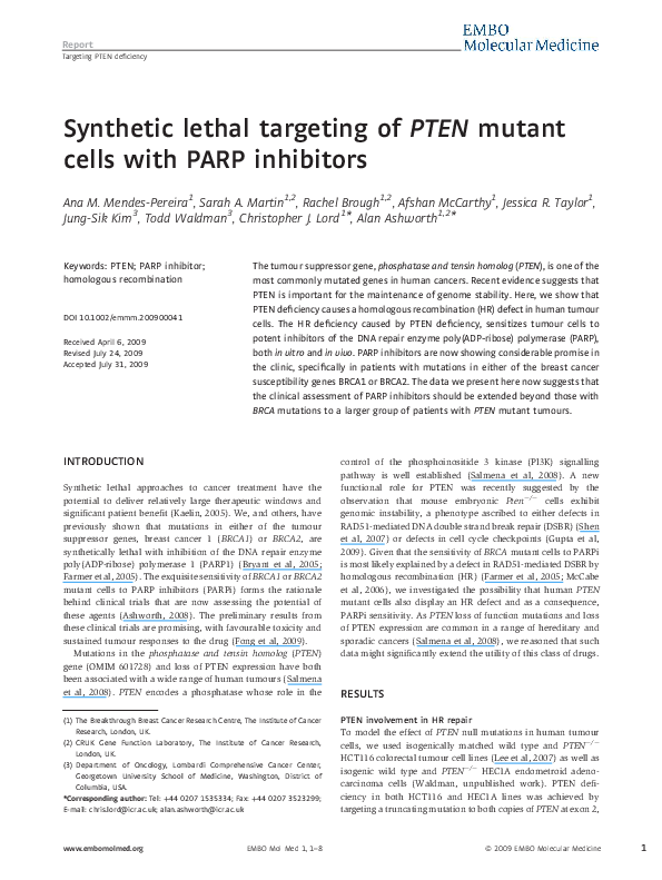 (PDF) Synthetic lethal targeting of PTEN mutant cells with PARP inhibitors