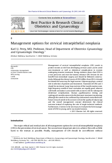 (PDF) Management options for cervical intraepithelial neoplasia