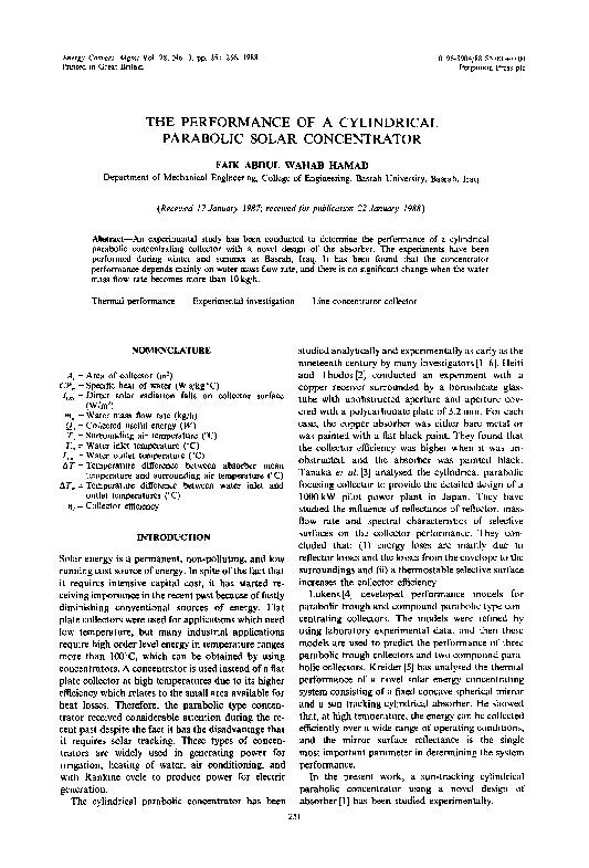 (PDF) The performance of a cylindrical parabolic solar concentrator