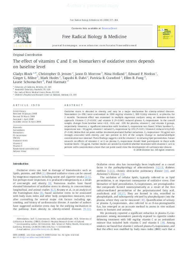 (PDF) The effect of vitamins C and E on biomarkers of oxidative stress ...