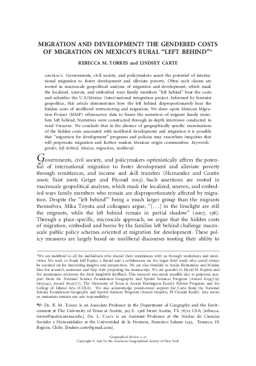 (PDF) "Migration and Development? The Gendered Costs of Migration on ...