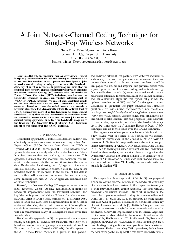 (PDF) A Joint Network-Channel Coding Technique for Single-Hop Wireless ...