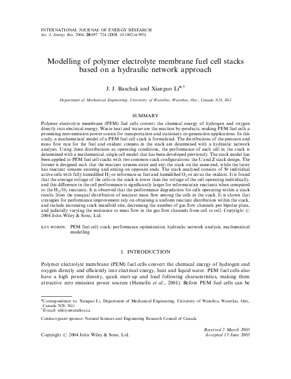 (PDF) Modelling of polymer electrolyte membrane fuel cell stacks based