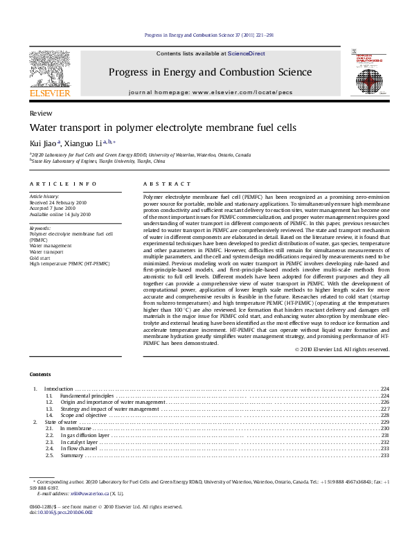 (PDF) Water transport in polymer electrolyte membrane fuel cells
