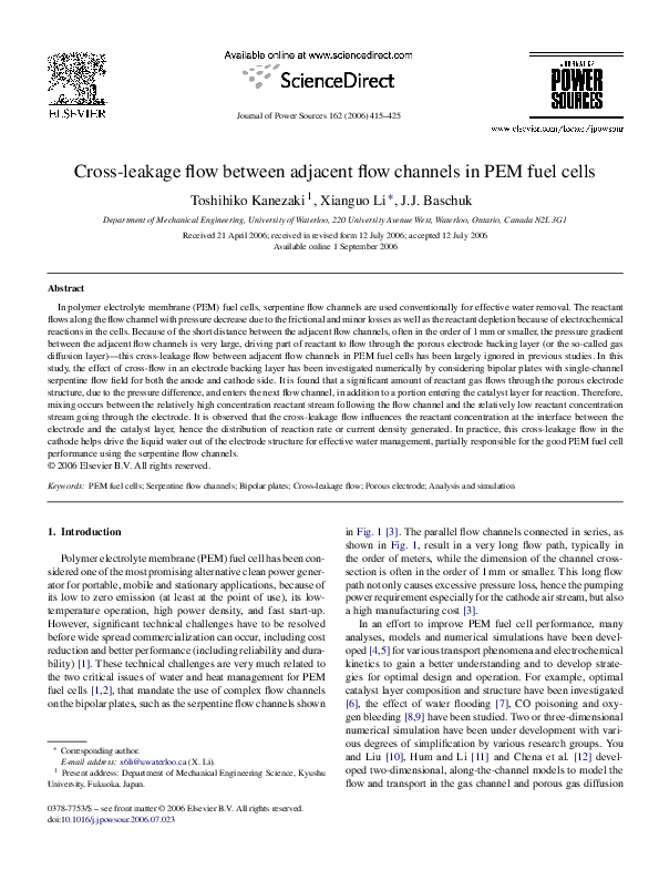 (PDF) Crossleakage flow between adjacent flow channels in PEM fuel