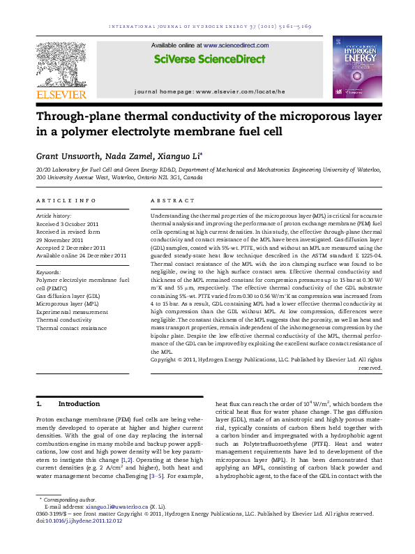 (PDF) Throughplane thermal conductivity of the microporous layer in a