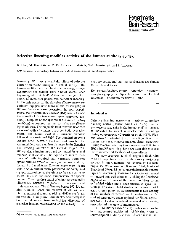 (PDF) Selective listening modifies activity of the human auditory cortex