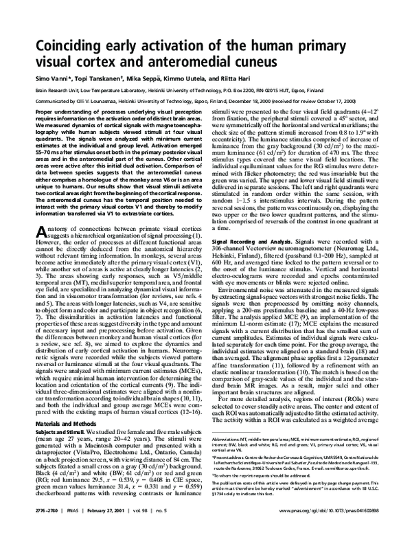 (PDF) Coinciding early activation of the human primary visual cortex ...
