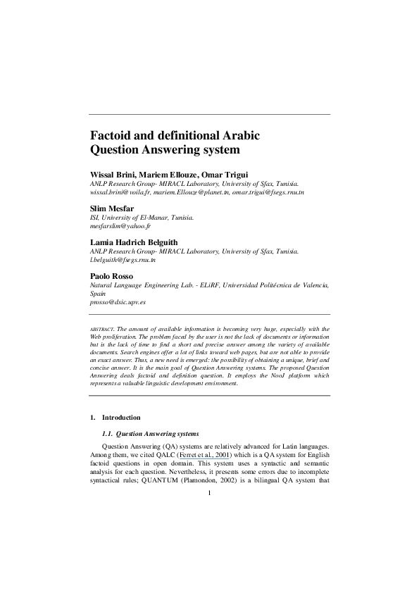 (PDF) Factoid and definitional Arabic question answering system