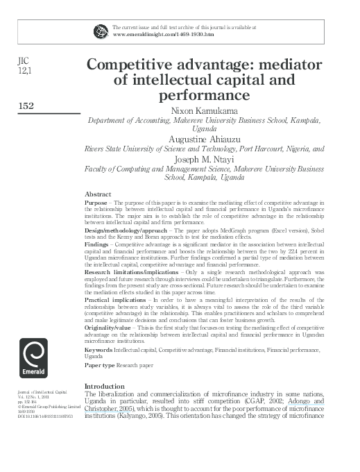 (PDF) Competitive advantage: mediator of intellectual capital and ...
