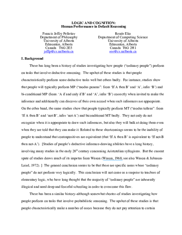 (PDF) LOGIC AND COGNITION: Human Performance in Default Reasoning
