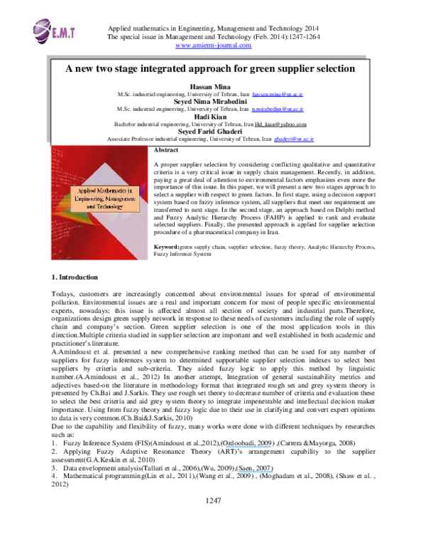 (PDF) A new two stage integrated approach for green supplier selection