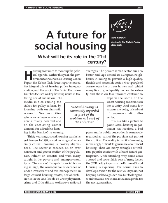 (PDF) A Future for Social Housing What will be its role in the 21st ...