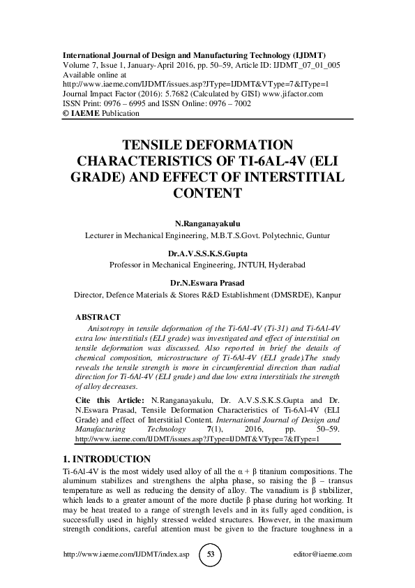 (PDF) TENSILE DEFORMATION CHARACTERISTICS OF TI6AL4V (ELI GRADE) AND