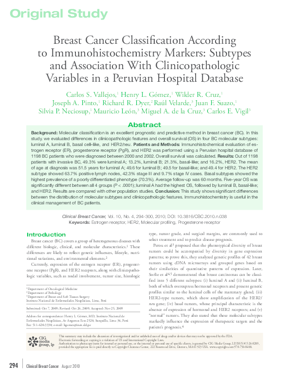 (PDF) Breast Cancer Classification According to Immunohistochemistry ...