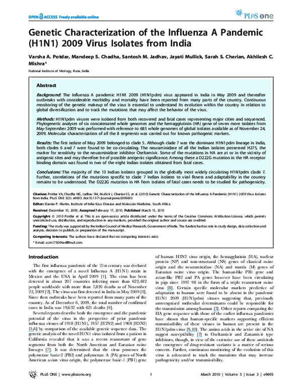 (PDF) Genetic Characterization of the Influenza A Pandemic (H1N1) 2009 ...