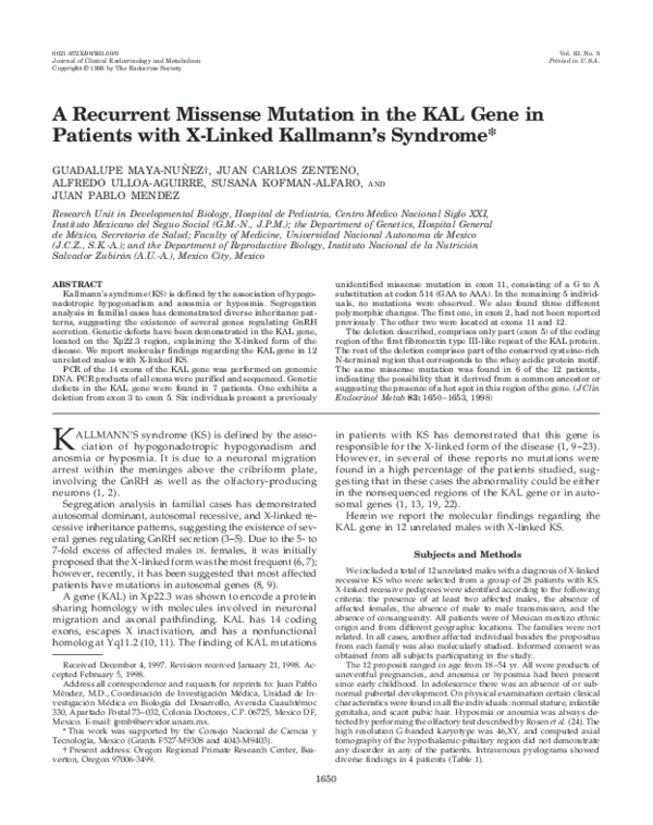 (PDF) A Recurrent Missense Mutation in the KAL Gene in Patients with X ...