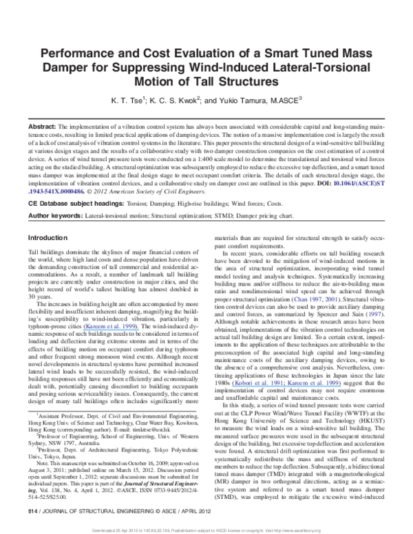 (PDF) Performance and Cost Evaluation of a Smart Tuned Mass Damper for ...