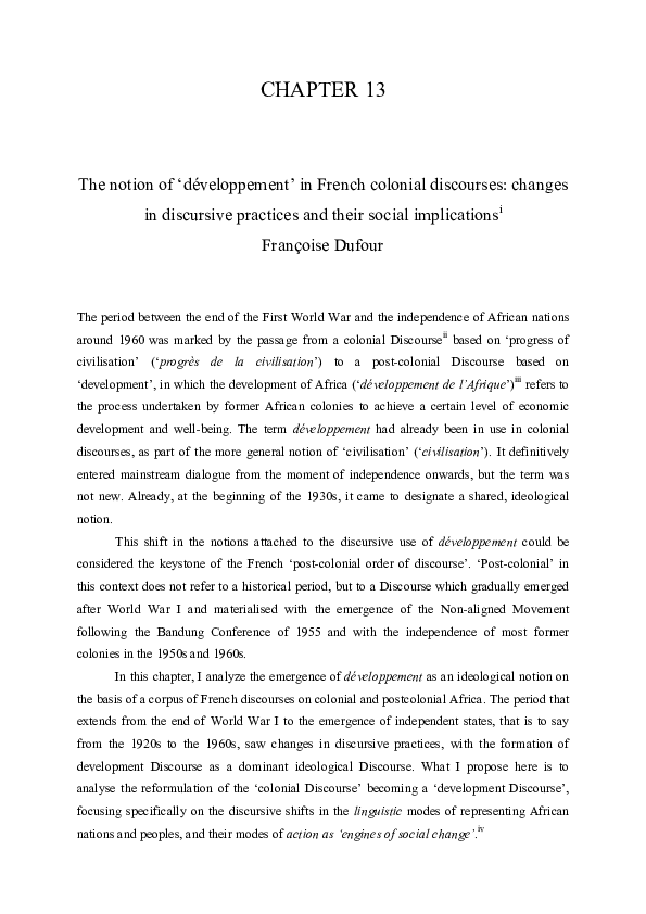 (PDF) The notion of "développement" in French colonial discourses