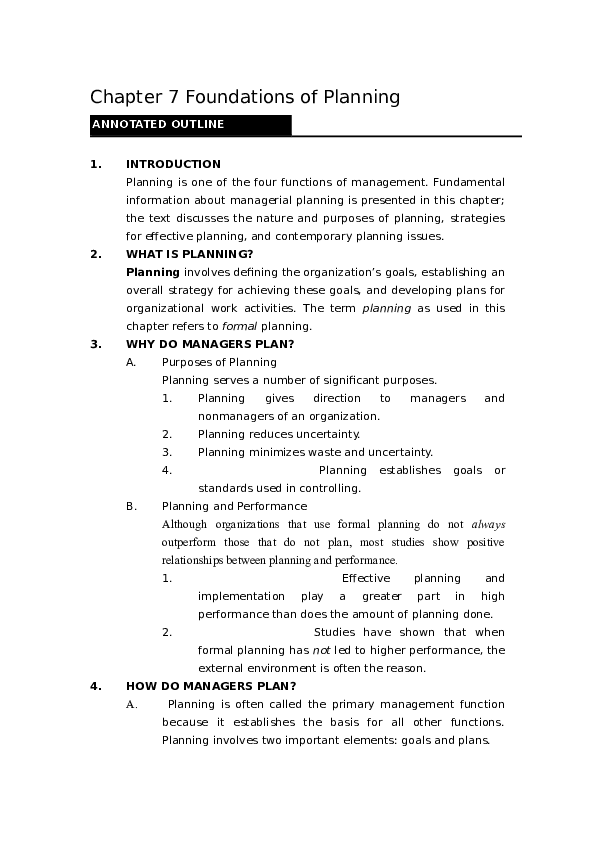 (DOC) Chapter 7 Foundations of Planning ANNOTATED OUTLINE Wong Howard