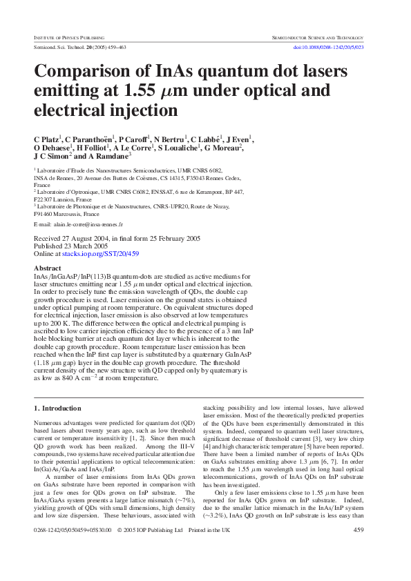 (PDF) Comparison of InAs quantum dot lasers emitting at 1.55 µm under ...