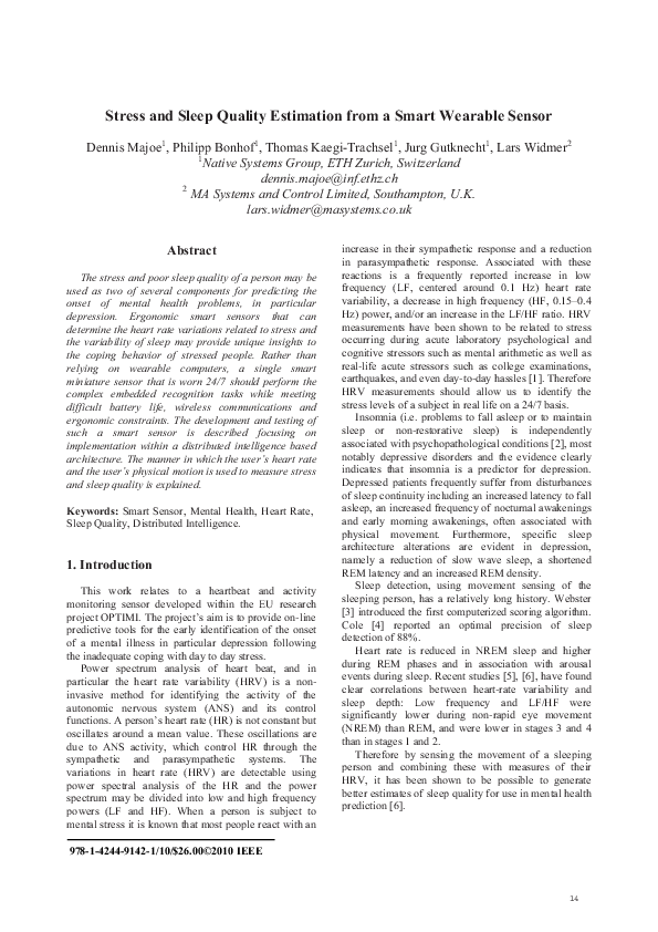 (PDF) Stress and sleep quality estimation from a smart wearable sensor