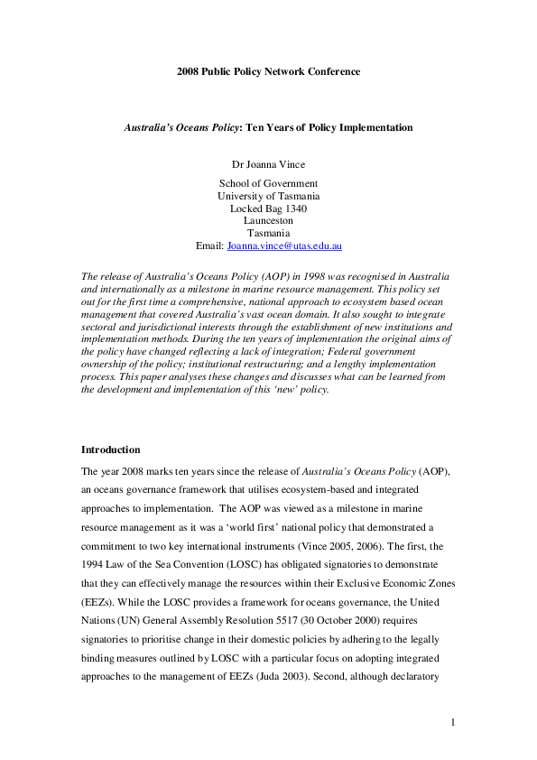 (PDF) Australia's Oceans Policy Ten Years of Policy Implementation