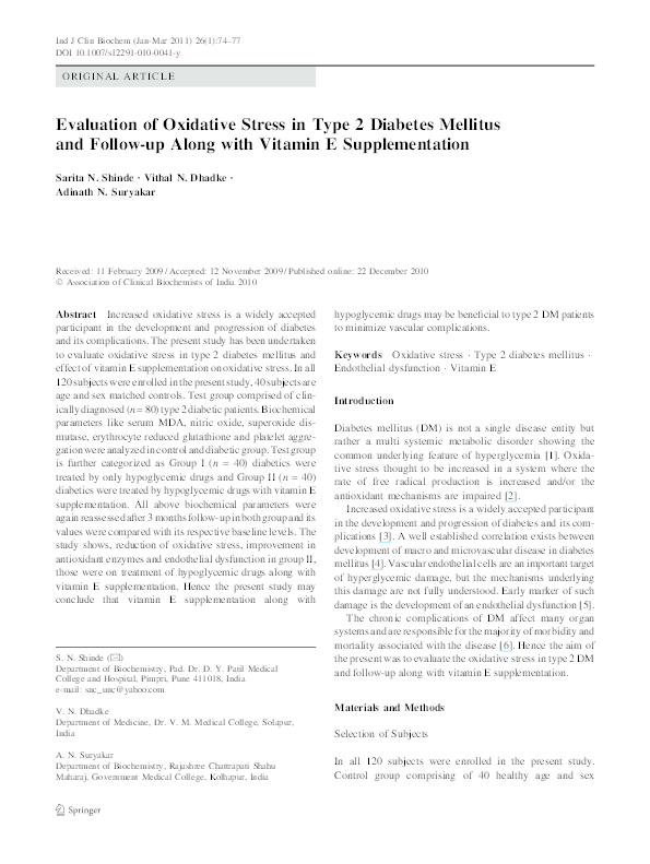 (PDF) Evaluation of Oxidative Stress in Type 2 Diabetes Mellitus and ...