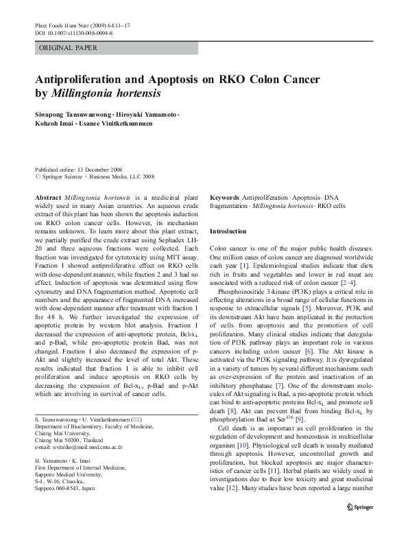 Pdf Antiproliferation And Apoptosis On Rko Colon Cancer By Millingtonia Hortensis Siwapong Tansuwanwong Academia Edu