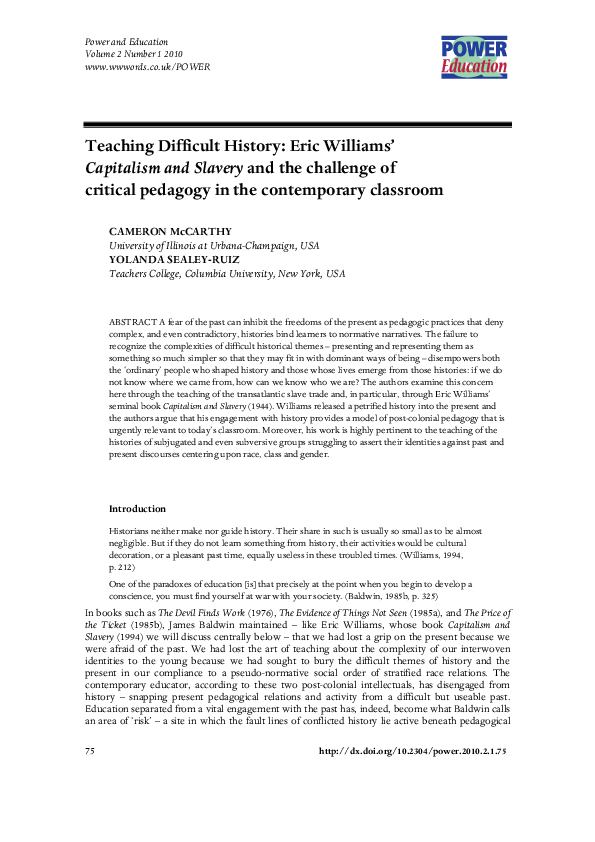 (PDF) Teaching Difficult History Eric Williams' Capitalism and Slavery