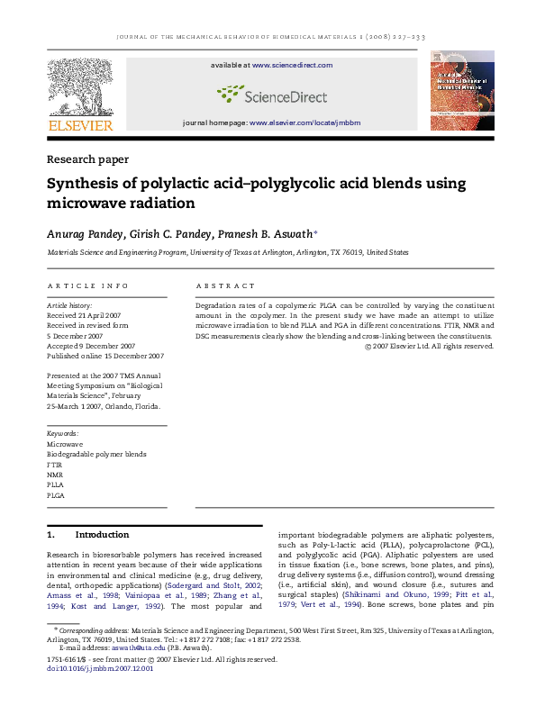 (PDF) Synthesis of polylactic acid–polyglycolic acid blends using ...