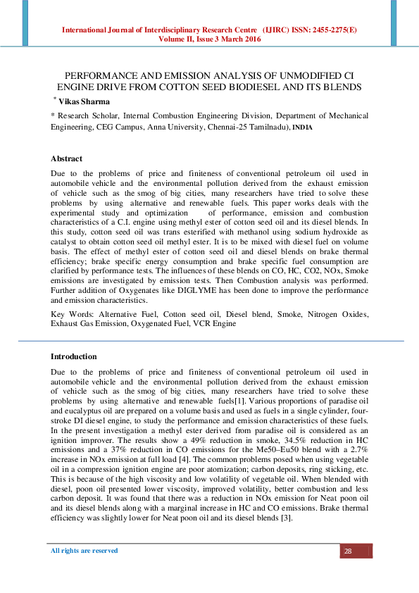 (PDF) PERFORMANCE AND EMISSION ANALYSIS OF UNMODIFIED CI ENGINE DRIVE ...