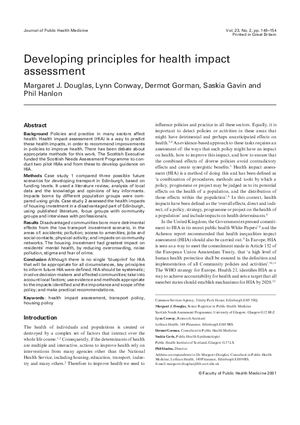 (PDF) Developing principles for health impact assessment