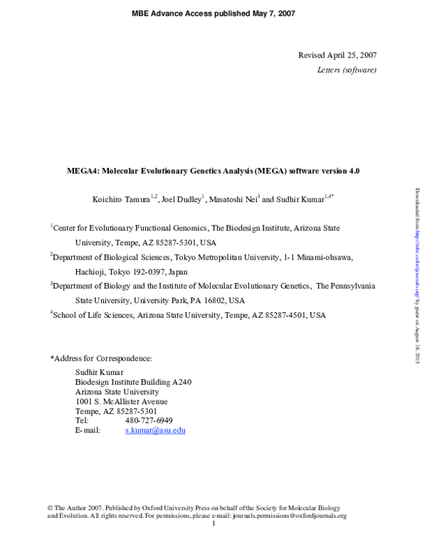 (PDF) MEGA4: Molecular Evolutionary Genetics Analysis (MEGA) Software ...