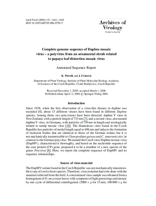 (PDF) Complete genome sequence of Daphne mosaic virus – a potyvirus ...