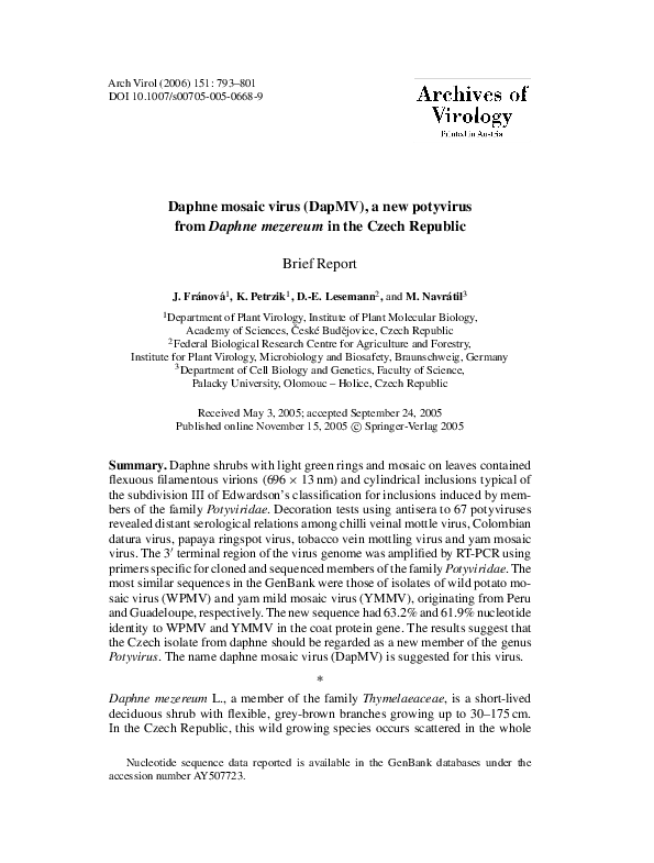 (PDF) Daphne mosaic virus (DapMV), a new potyvirus from Daphne mezereum ...