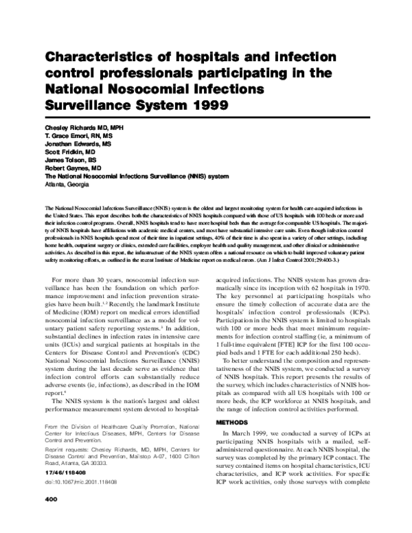 (PDF) Characteristics of hospitals and infection control professionals ...