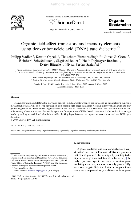 (PDF) Organic fieldeffect transistors and memory elements using deoxyribonucleic acid (DNA