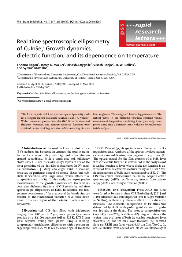 (PDF) Real time spectroscopic ellipsometry of CuInSe2: Growth dynamics ...