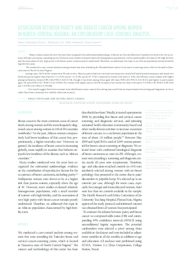 (PDF) Association Between Parity and Breast Cancer Among Women in North ...