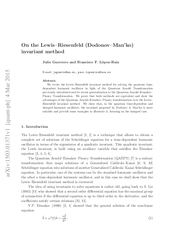 (PDF) On the Lewis–Riesenfeld (Dodonov–Man’ko) invariant method