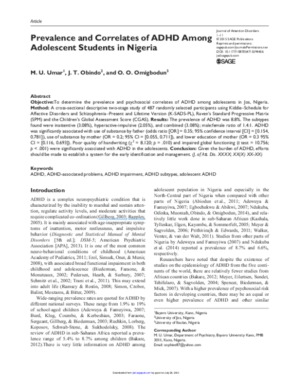 (PDF) Prevalence and Correlates of ADHD Among Adolescent Students in ...