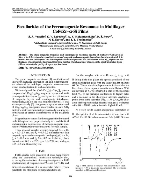(PDF) Peculiarities of the ferromagnetic resonance in multilayer CoFeZr ...