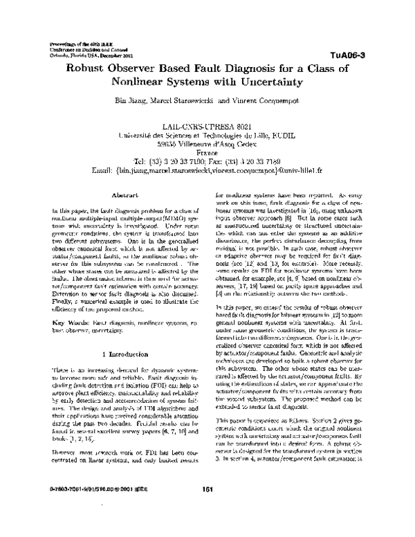 (PDF) Robust observer based fault diagnosis for a class of nonlinear ...