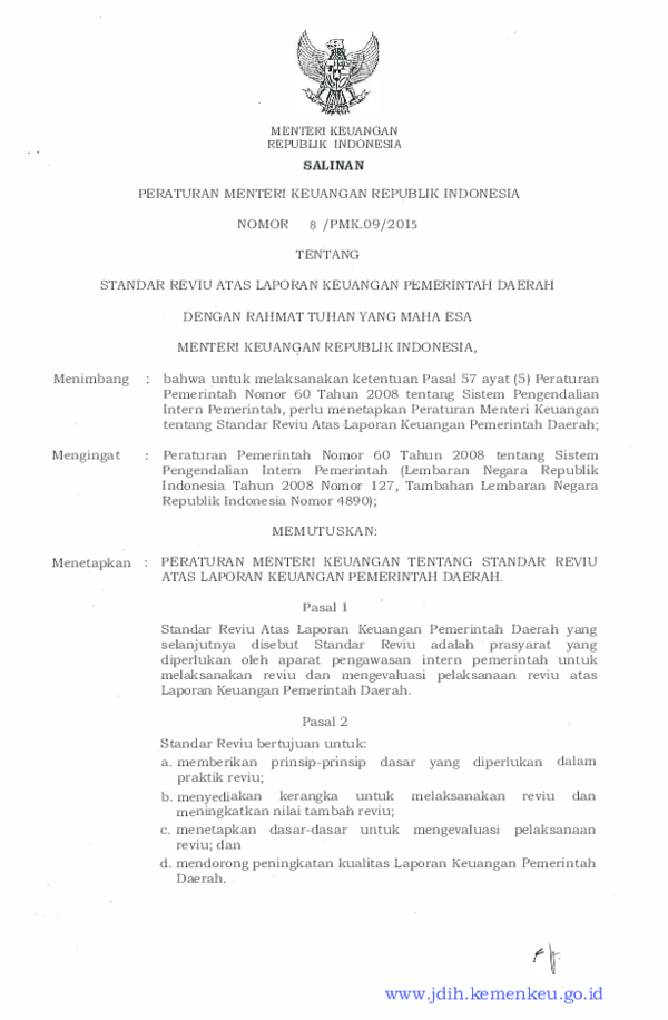 (PDF) PMK No. 8 PMK.09 Tahun 2015 tentang standar reviu ata Laporan