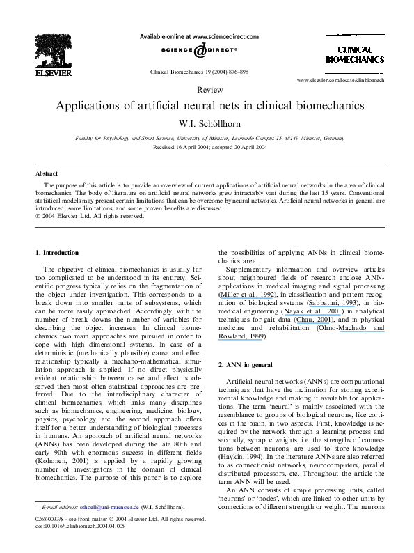 (PDF) Applications of artificial neural nets in clinical biomechanics
