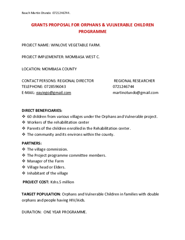PDF) sample grants proposal for OVC support programme to be 